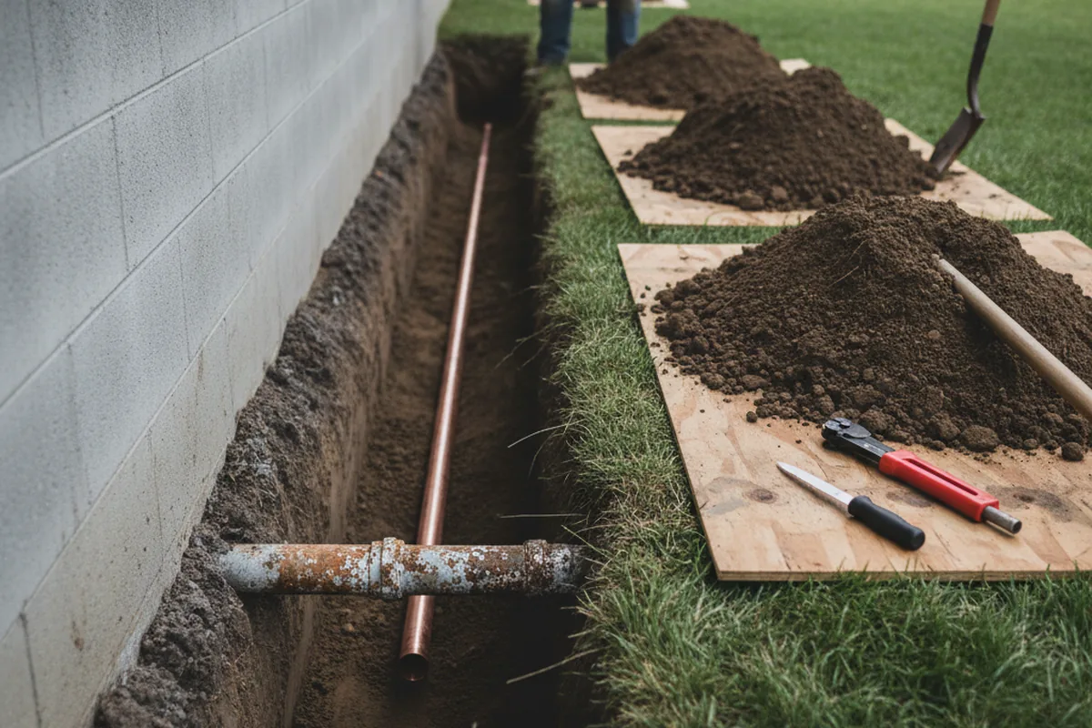Excavated water line trench during Water Softener Installation in Cowiche